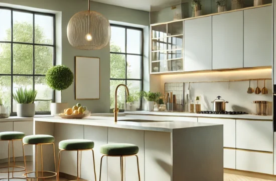 ne cuisine moderne après rénovation avec des meubles blancs, un plan de travail en quartz, et des accessoires stylés. Idéale pour rénover cuisine efficacement